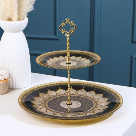 Eboe, 2 levels: d = 18 cm, d = 30 cm, black color with beige and gold, glass