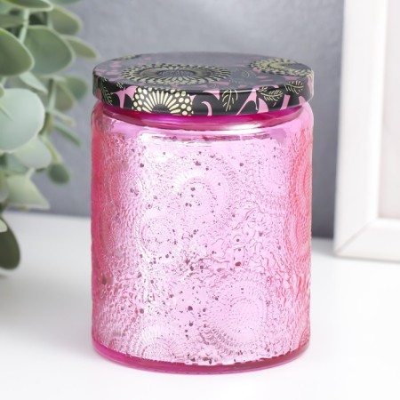 Bank for candles glass with a lid "Flower" pink, cylinder, galvanic 9x7x7 cm-1