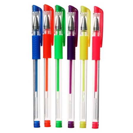 Set of gel pens, 6 colors, fluorescent, with rubber holders