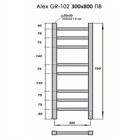 Electric towel Grois Alex, 300x800 mm, 8 crossbars, lower, black-5