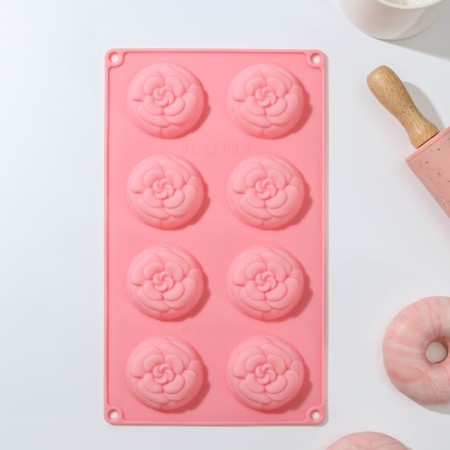Baking shape of the share "Flowers. Peonies ”, silicone, 8 cells, 28 × 16 × 2 cm, cell diameter 5.5 cm, color mix