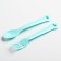 Set of dishes: 3 objects, plate, fork, spoon, color mix