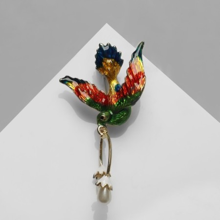 Brooch "Bird" bright with pearls, colored in gold