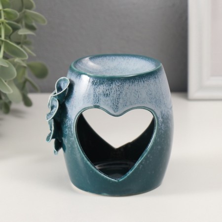 Aroma lamp ceramics "Heart with leaves" White-blue 8.5x7.5x9 cm-1