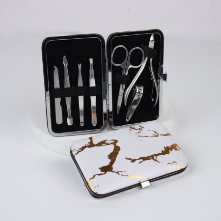 Manicure set, 7 items, in case, gray/golden drawing