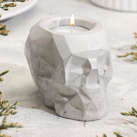 Skull candlestick from gypsum with faces, 6x9x6.5cm, marble with black stripes
