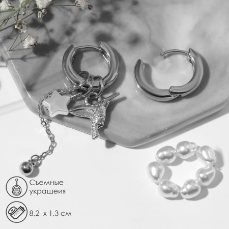 Earrings with the removable element "Transformer" bird, white color in silver