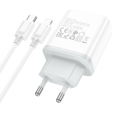 Network charger Hoco C104A, Type-C, 20 W, PD + Qc, Type-C-Lightning, 1 m, white-4