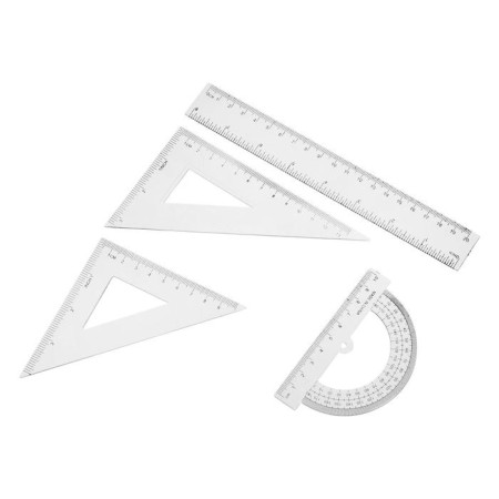 The set is drawing, transparent, 4 items (ruler 20 cm, square 14 cm/ 30 °, square 10 cm/ 45 °, transporter)