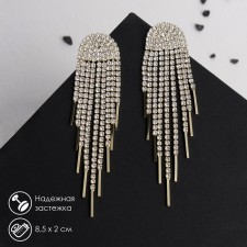 Hanging earrings with “comet” rhinestones, white color in gold, 8.5 cm