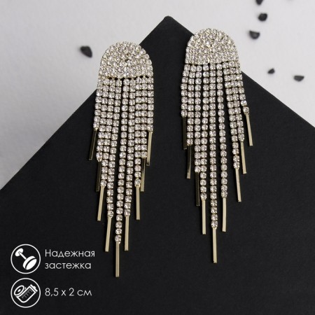 Hanging earrings with “comet” rhinestones, white color in gold, 8.5 cm