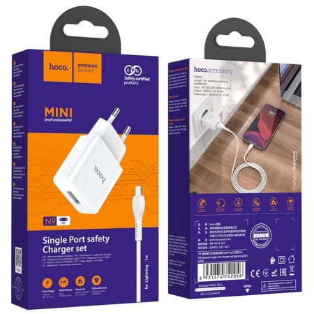 Nice charger Hoco N9, USB - 2.1 A, Lightning 1 m, white cable-10