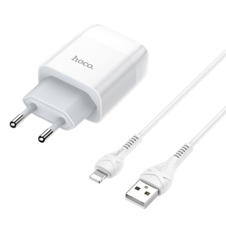 Network charger Hoco C72A, 1 USB, 2.1 A, Lightning cable - USB, 1 m, white