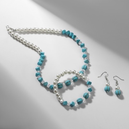 Set 3 objects: earrings, beads, bracelet "Nut", beads No. 8, milk-blue color, 42 cm