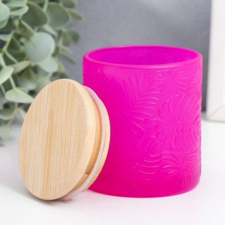 Bank for candles glass with a lid "Palm leaves" pink 8.7x7.2x7.2 cm-1