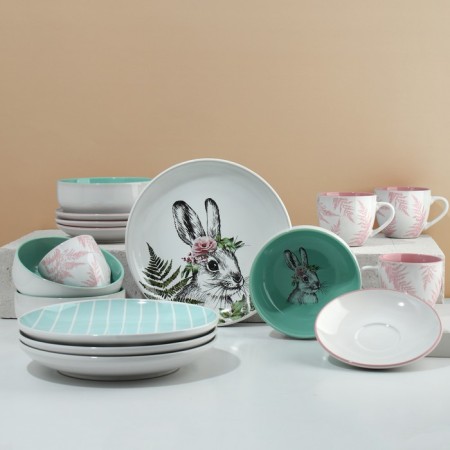 A set of dishes for 4 persons "Easter. Forest characters ”, 16 objects: 4 plates 23 cm, 4 bowls 14.5 cm, 4 circles 250 ml, 4 saucers 15 cm.-17