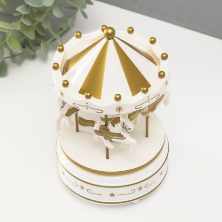 Souvenir Plastic Mechanical "Carousel - Horses" White 10.5x10.5x17.5 cm-2