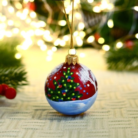 Christmas ball D-6 cm "Bunny in the forest" manual painting, burgundy