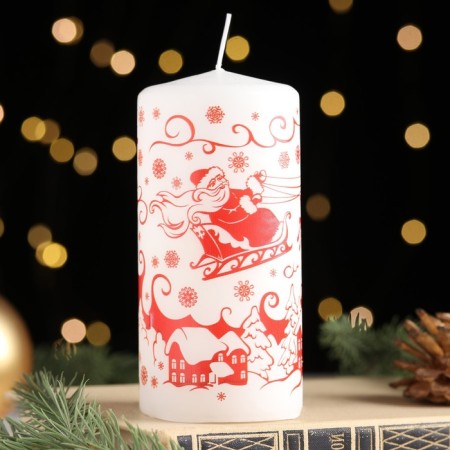 New Year's Candle-Cylinder "New Year's Patterns No. 1", 12.5x6 cm, 35 hours, 275 g, white with red-1