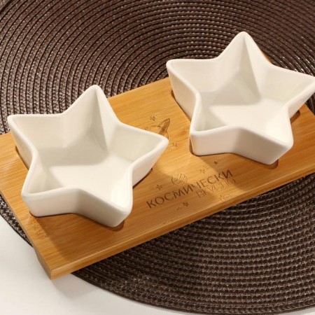 Ceramics dishes on a wooden stand “Cosmically tasty”, 100 ml, 2 pcs, white color-1