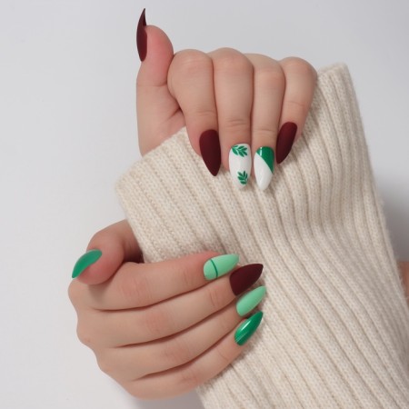 Follow nails, 24 pcs, with glue plates, almond shape, matte burgundy/green/white color-11