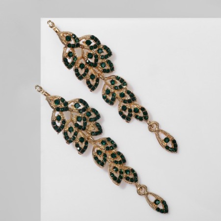 Hanging earrings with rhinestones "evening" plexus, emerald color in gold, 8 cm-1