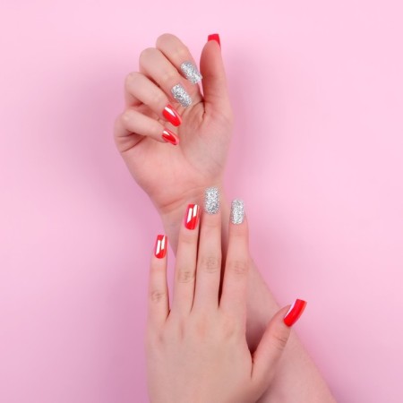 Overhead nails, 24 pcs, with adhesive plates, shape soft square, silver color/holography-9