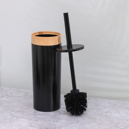 Set for the bathroom, 5 items: a bucket for garbage, a brush with a stand, soap dish, dispenser, glass, black color-5