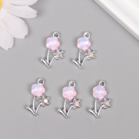 Decor for creativity metal, rhinestones "flowers" silver, pink 2.2x1.3x0.5 cm-2