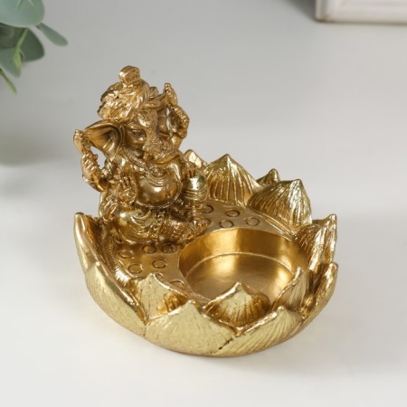 Polystone candlestick for 1 candle "Ganesha in the lotus" gold 9x8.2x7 cm-2