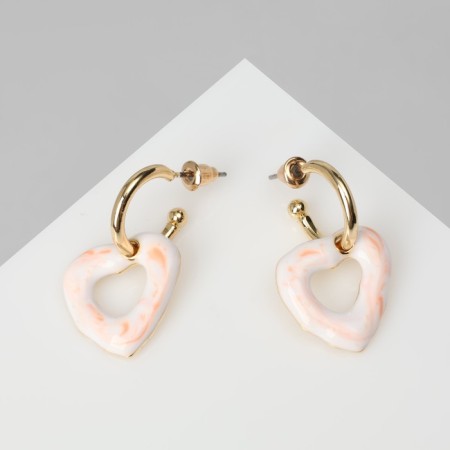 Emall earrings "Heart" stains, white-pink color in gold