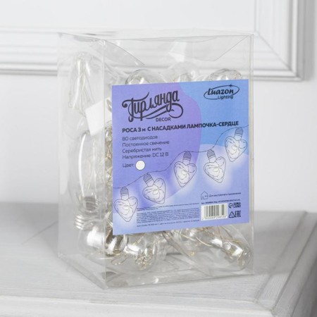 Garland “thread” 3 m with nozzles “heart bulbs”, IP20, transparent thread, 80 LED, white glow, 8 modes, 220 V-4
