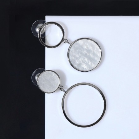 Earrings with mother -of -pearl "Magic" circle and ring, white color in silver-2