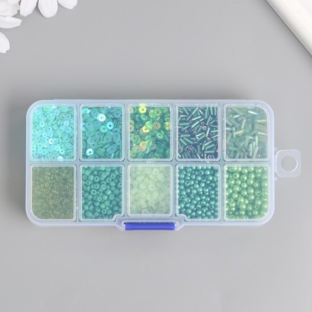 Glass 8/0, 12/0 in the box "Green" beads, glass and sequins 13x6.5x2.3 cm-3
