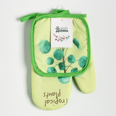 Kitchen set 2 objects of the “tropical” color color green: a severity 17x17 cm, mittens 25x16 cm, 100% p/e-5