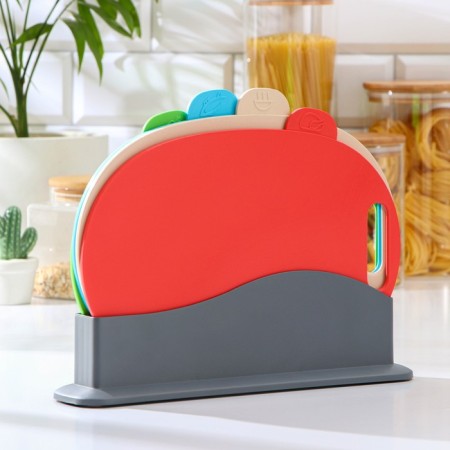 A set of cutting boards, 4 pcs, 30 × 22 × 7 cm, size 1 board 29 × 19.5 cm, oval, with markers, on a stand-1