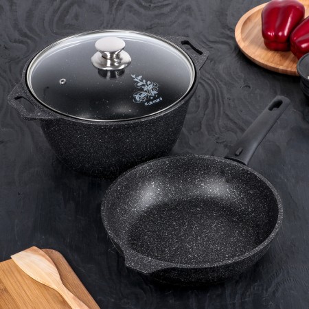 A set of kitchen utensils “Marble No. 6”, a lid, a removable handle, anti -stick coating, color dark marble