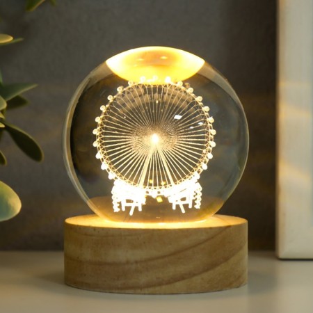Souvenir Glass backlight "Ferris wheel" d = 6 cm stand wood, usb 6.5x6.5x7.5 cm