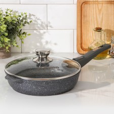 Granite pan, d = 24 cm, removable handle, anti -stick coating, glass cover, gray color.