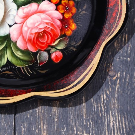 Zhostovsky tray "flowers", with copyright painting, d = 21 cm-1