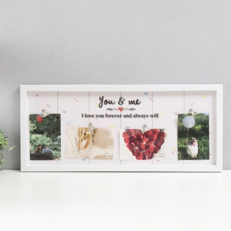 Photo frame plastic in 4 photos 10x15 cm "You and Me" with clothespins white 64x27 cm