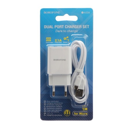 Network charger Borofone BA53A, 2XUSB, 2.1 A, MicroUSB cable, 1 m, white-5