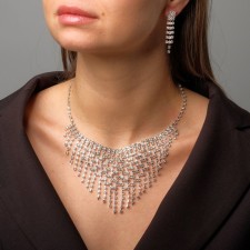 Set 2 objects: earrings, necklace of “sparks” rectangles, white color in silver, 30 cm