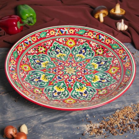 Lryagan Round Rishtan Ceramics, 41cm, Red, Green-Green Ornament