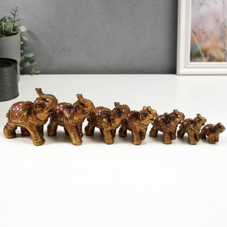 Souvenir Polystone "Seven elephants in Red Popone with pearls" h = 10.3; 9; 7.6; 7; 6.2; 5.5; 4.2 cm-1
