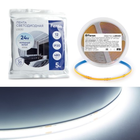 Feron 5 m, IP20, COB LED strip, 480 LED/m, 12 W/m, 24 V, glow cold white