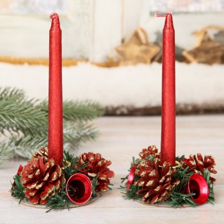New Year's candle with a candlestick "Red Bells" (set 4 pcs) 4x13.5x17 cm, red