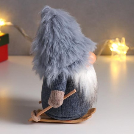 Interior doll "Santa Claus in a gray fur cap, skiing" 21x11x13 cm-1