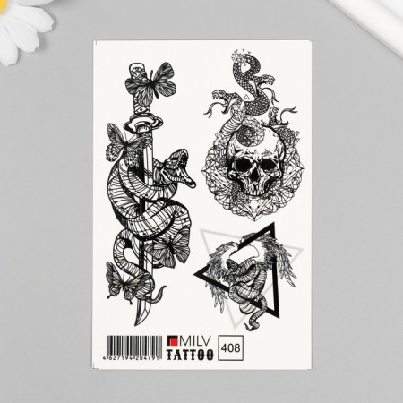 Tattoo on the body "Snake, skull, sword" 10x15 cm