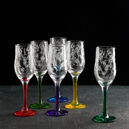 Set of glasses for champagne rimavera, glass, 190 ml, 6 pcs, engraving, spraying